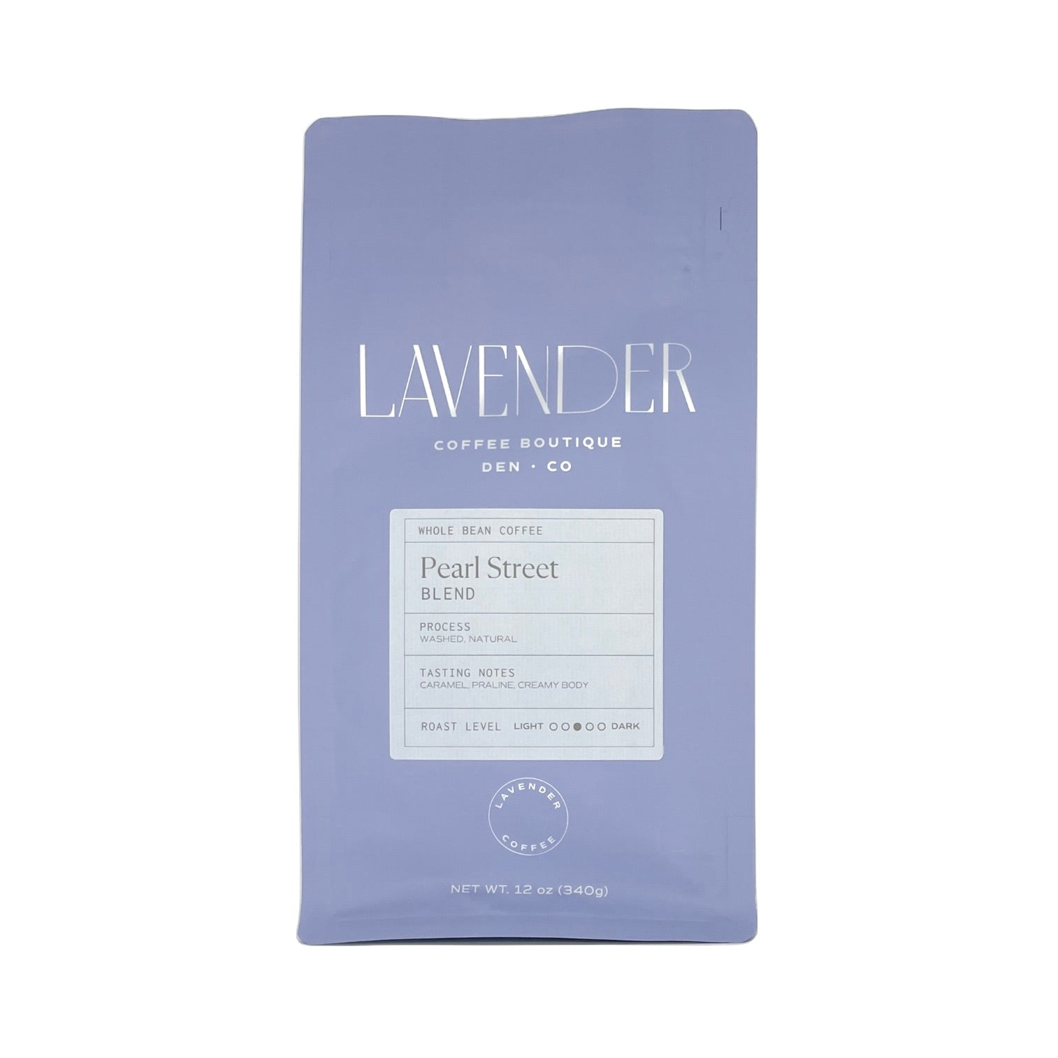 A bag of Pearl Street Medium Roast coffee from Lavender Coffee Boutique with the label clearly visible.