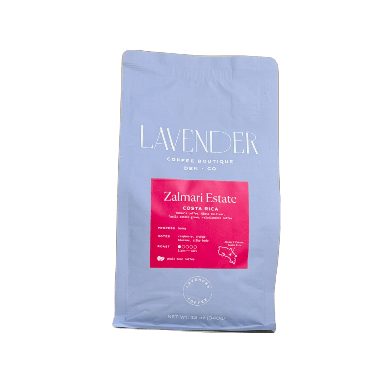 Coffee bag from Lavender Coffee Boutique with Zalmari Estate label on a white background