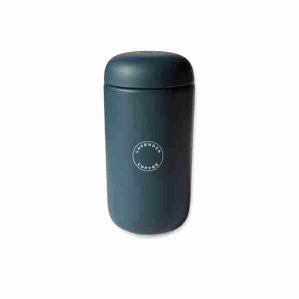 A gray metal travel mug with a simple printed logo on the front.