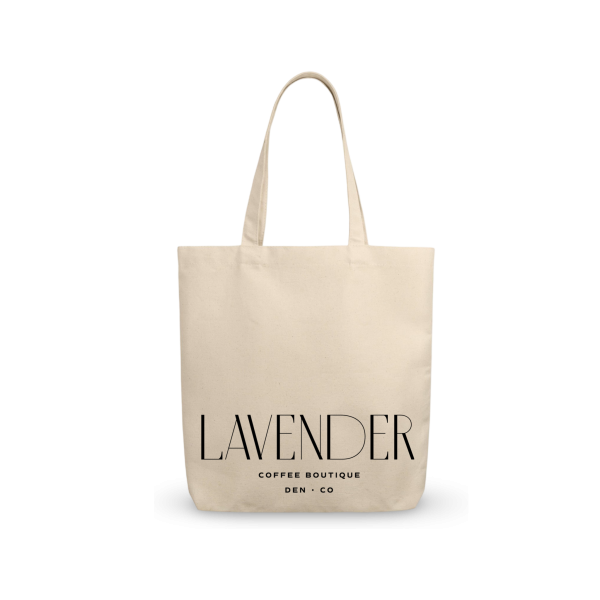 A beige cotton tote with the word 'Lavender' printed on the front, with a small additional text below.