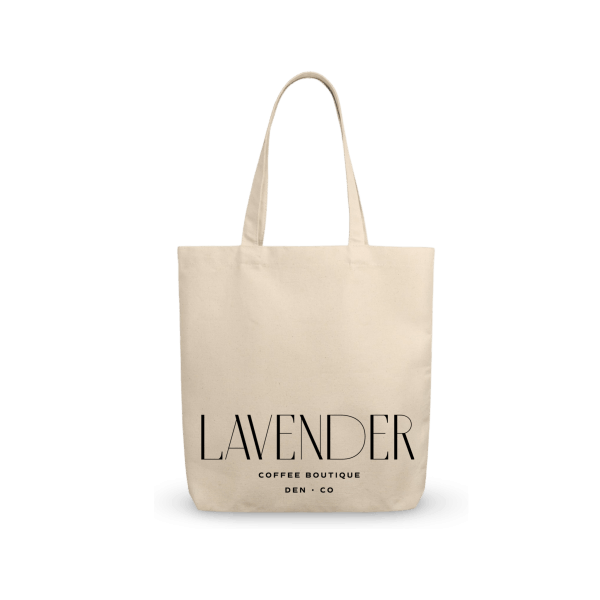A beige cotton tote with the word 'Lavender' printed on the front, with a small additional text below.