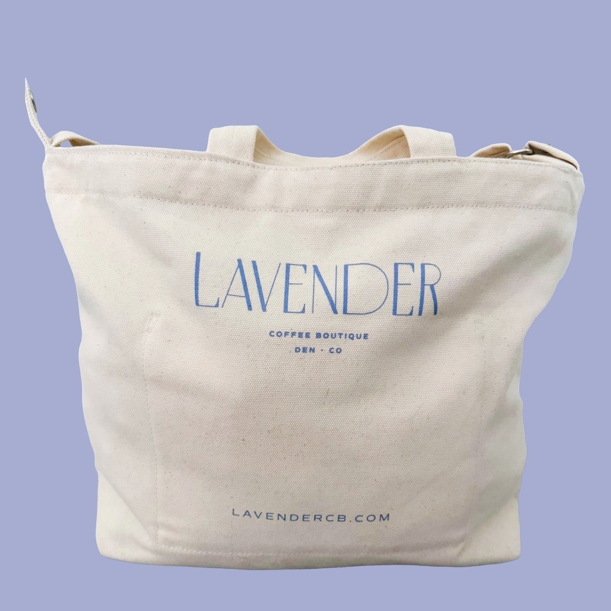 Lavender x Baggu Canvas Reusable Tote Bag with the Lavender Coffee Logo on the Back