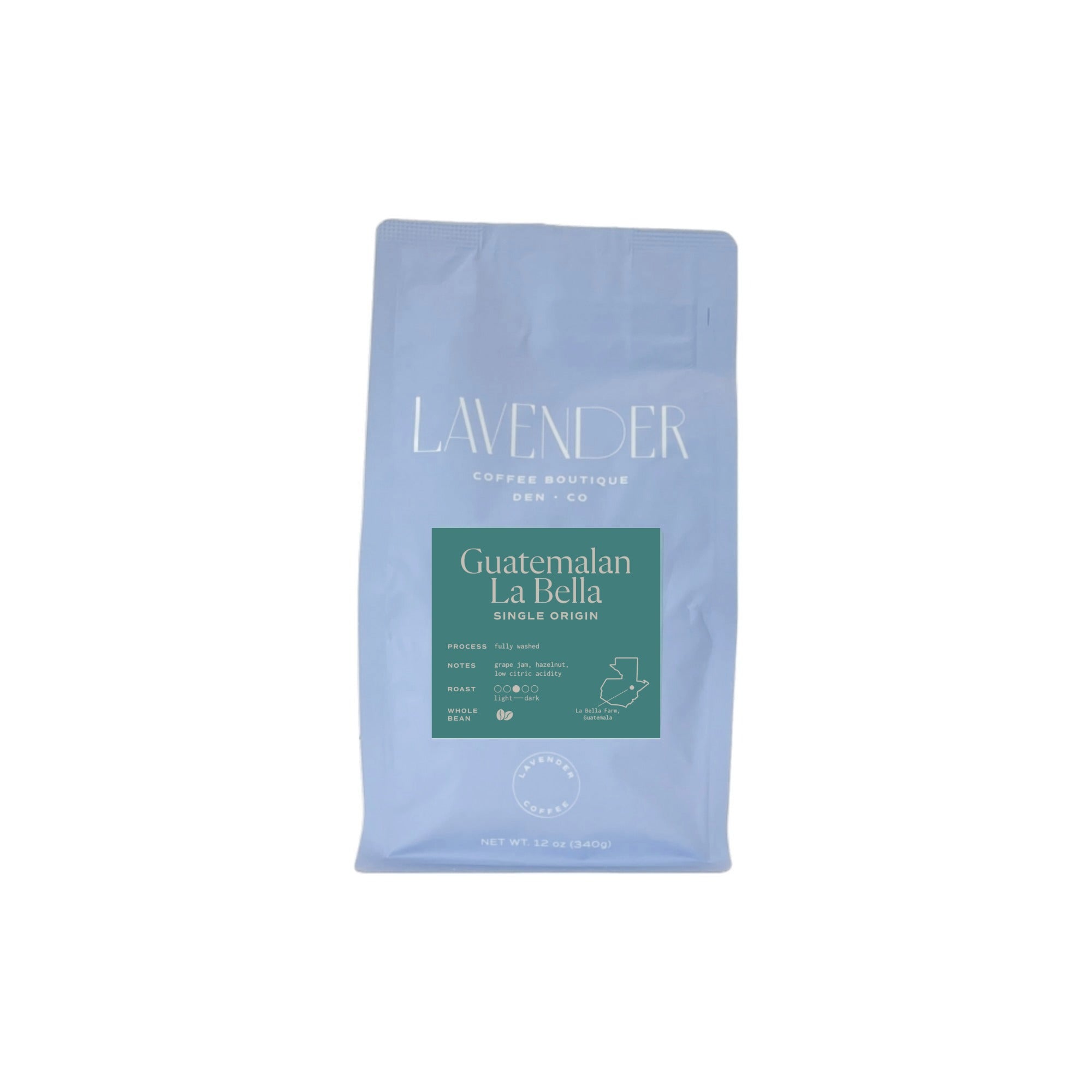 Coffee bag labeled 'Guatemala La Bella' by Lavender on a white background
