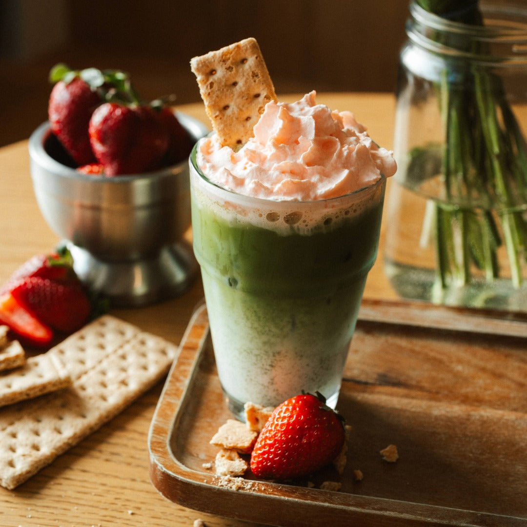 Strawberry Rhubarb Matcha at Lavender Coffee Boutique in Denver Colorado