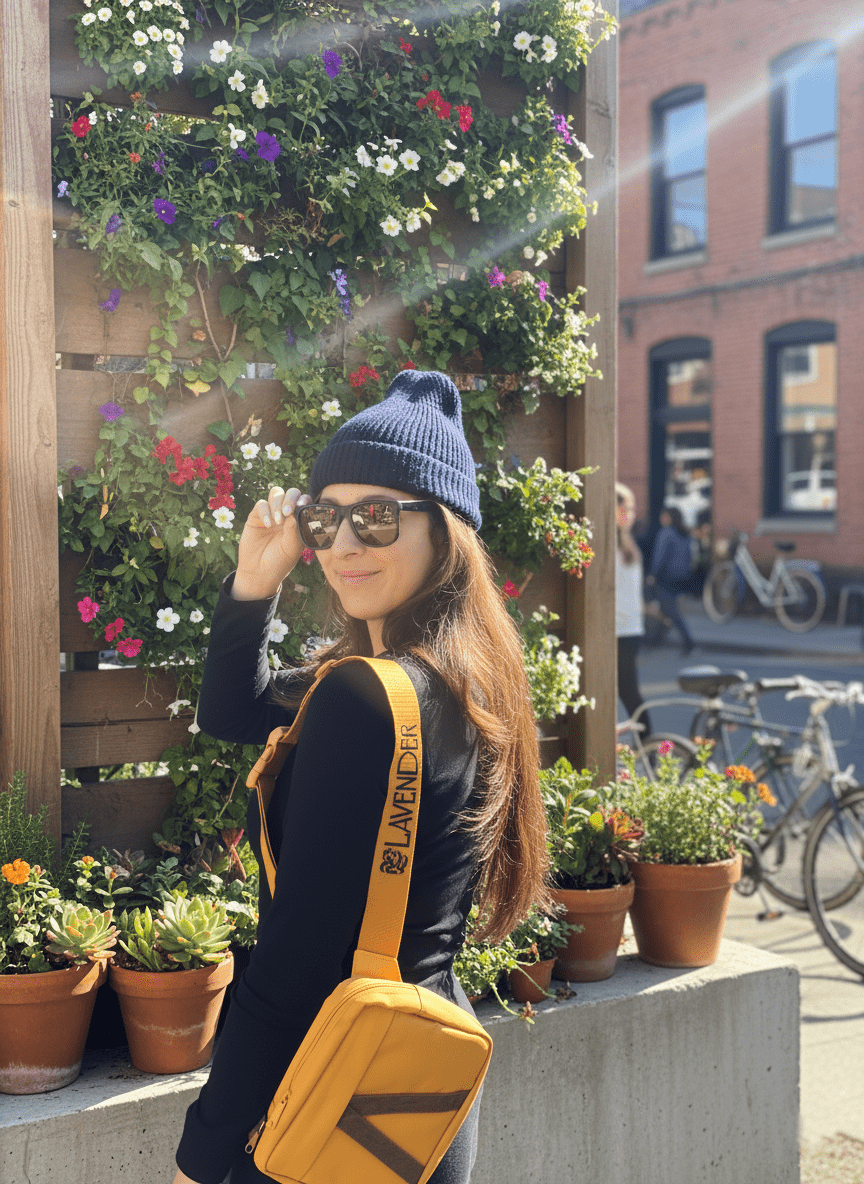 Woman with yellow lavender fanny pack, sunglasses, urban background