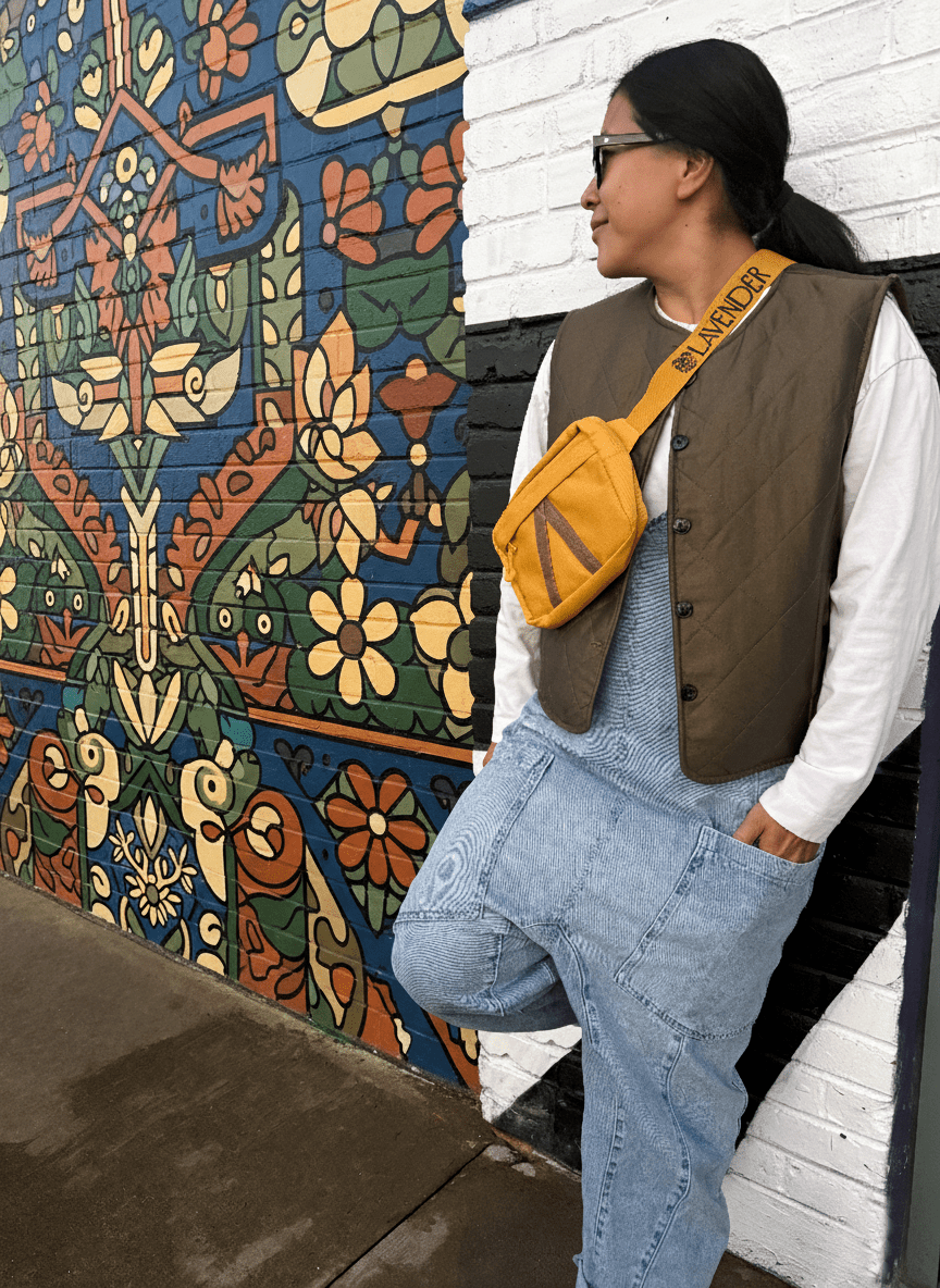 women with Lavender fanny pack near mural in Denver CO
