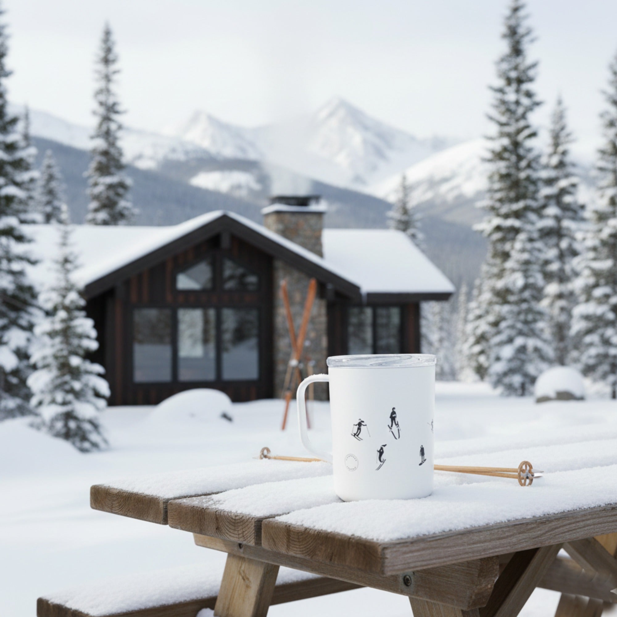 White mug with black illustrations on a snow-covered table in front of a snowy cabin.