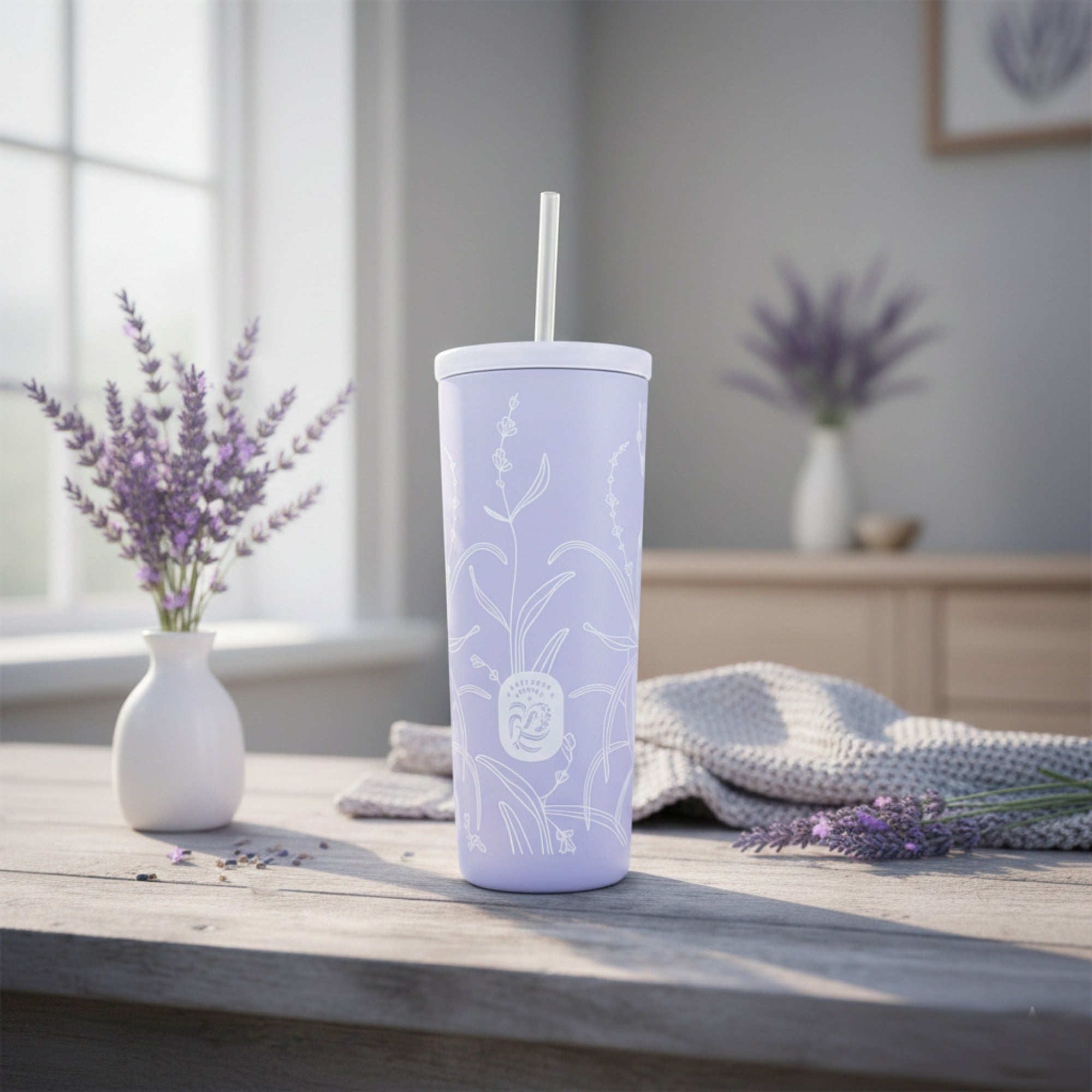 Purple tumbler with floral design on a wooden surface with lavender decorations.