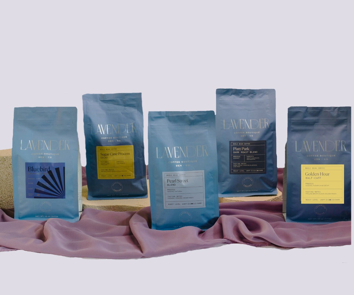 A line up of small batch coffee roasts from Lavender Coffee Boutique that specializes in mold free, low acid gut friendly coffee