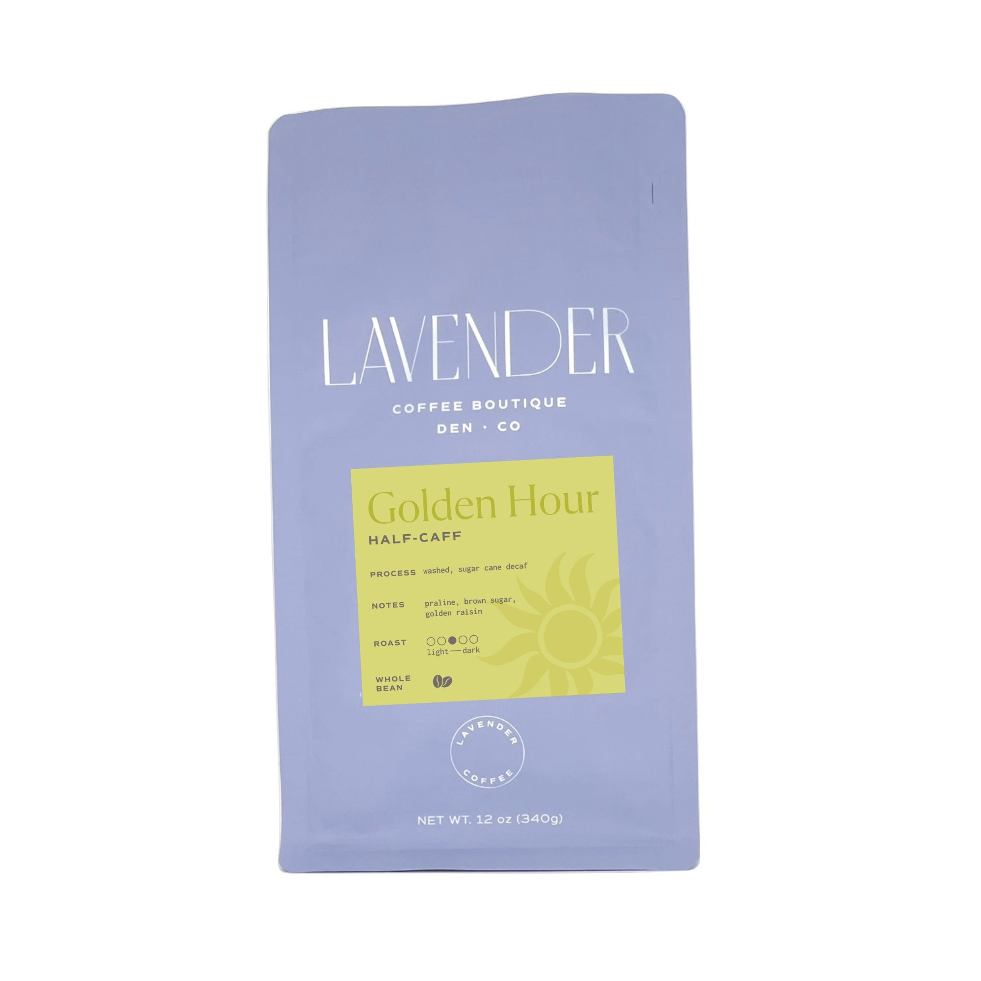 Golden Hour half caff coffee roast and low acid, mold free coffee from Lavender Coffee Boutique