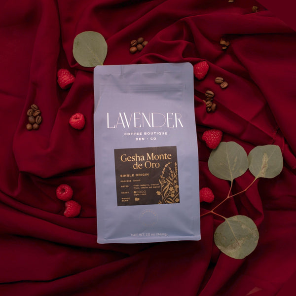 Gesha Monte de Oro luxury Guatemala single-origin coffee bag on red cloth background