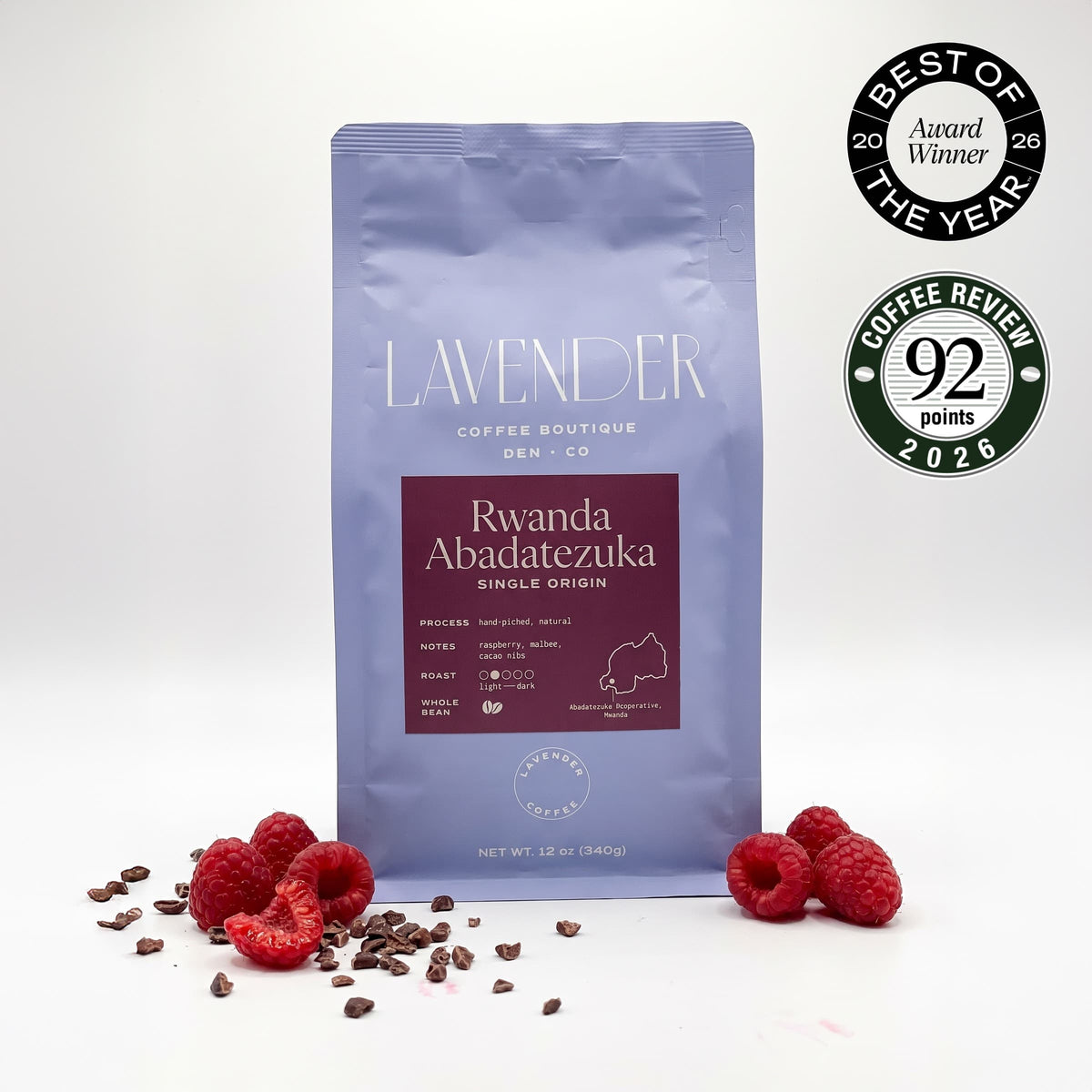 12 oz bag of Lavender Coffee Boutique Rwanda Abadatezuka whole bean coffee, natural process, light-medium roast
