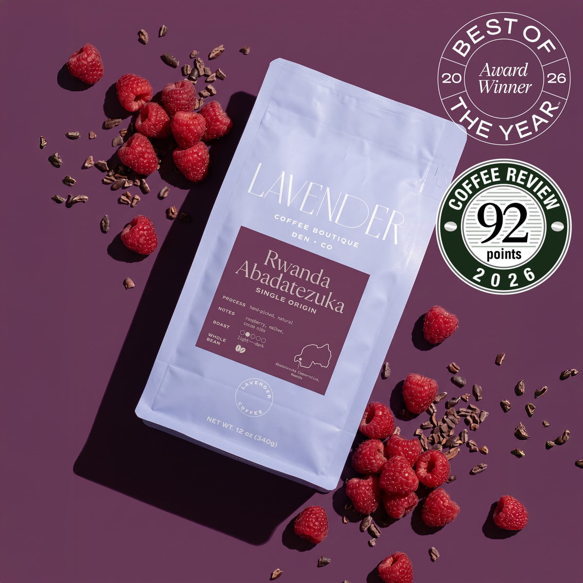 Rwanda Abadatezuka single-origin coffee with raspberries and cacao nibs, a 2026 Best of the Year and 92-point Coffee Review winner