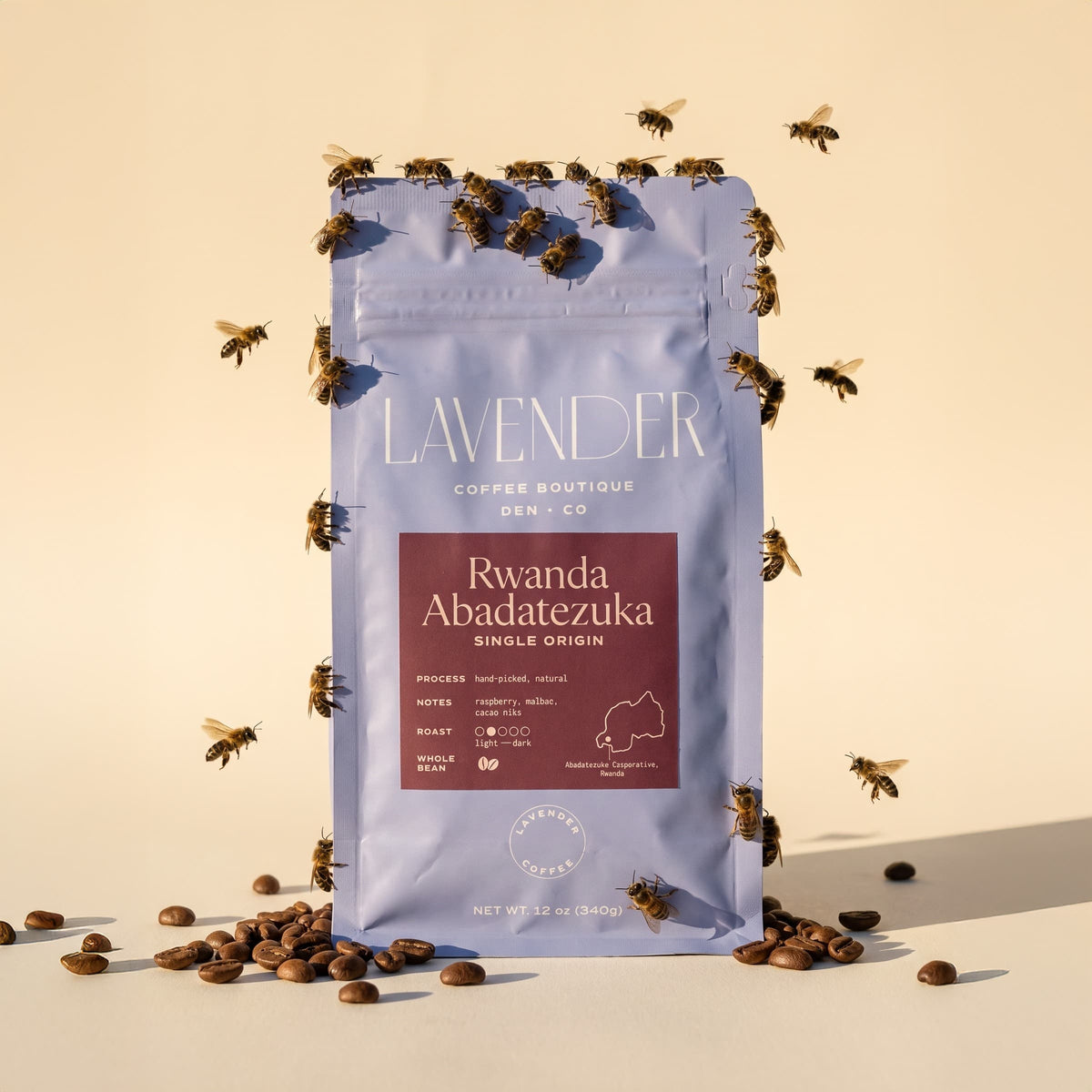 Honeybees on a bag of Rwanda Abadatezuka coffee, grown by the Abadatezuka Cooperative in Rwanda's bee-pollinated Nyungwe Forest