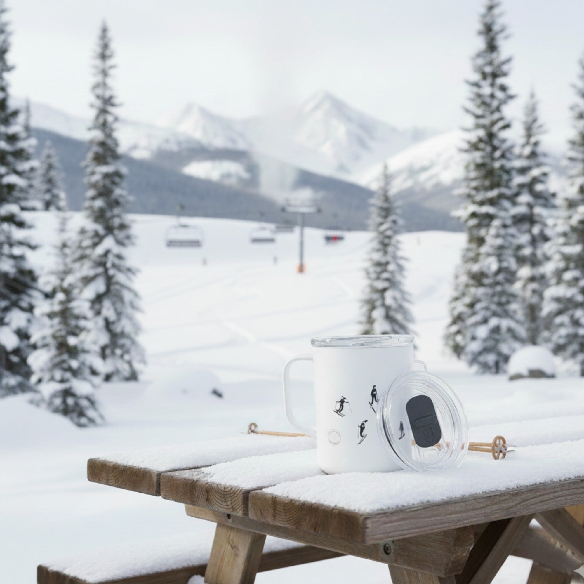 White mug with black design on a snow-covered wooden table with a snowy landscape and trees in the background