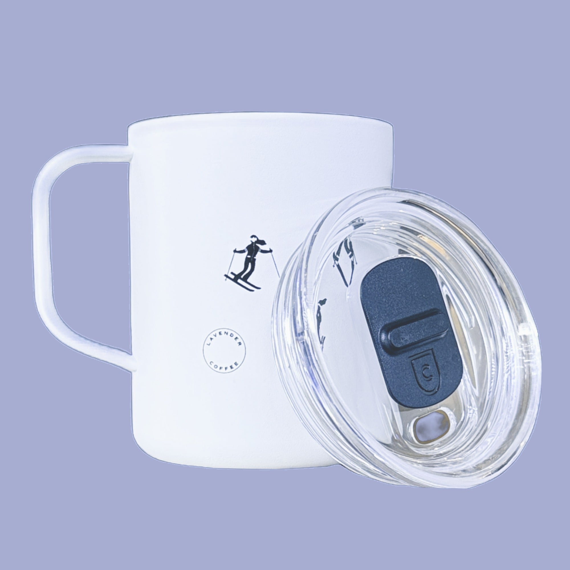 White mug with clear lid featuring a black icon on a light purple background